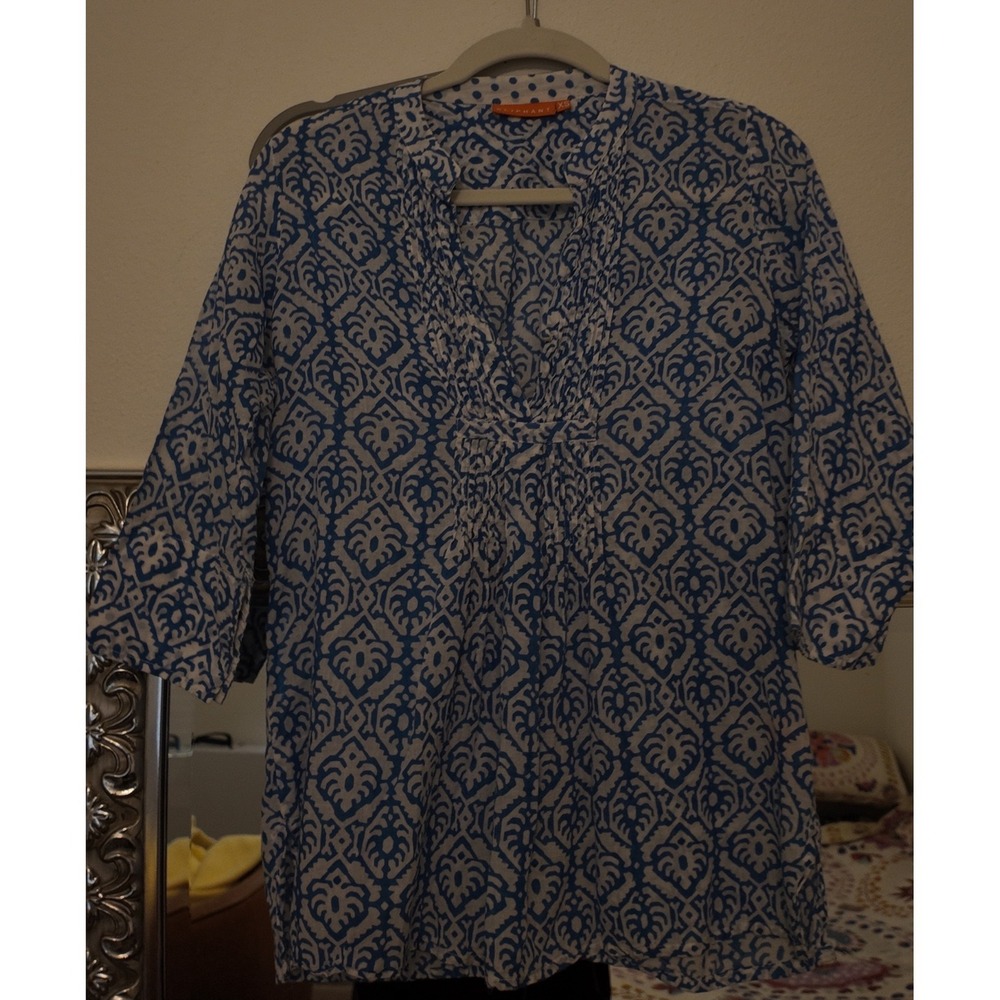 Oliphant Blue White Block Print Cotton Tunic Top XS Boho Resort Wear h5